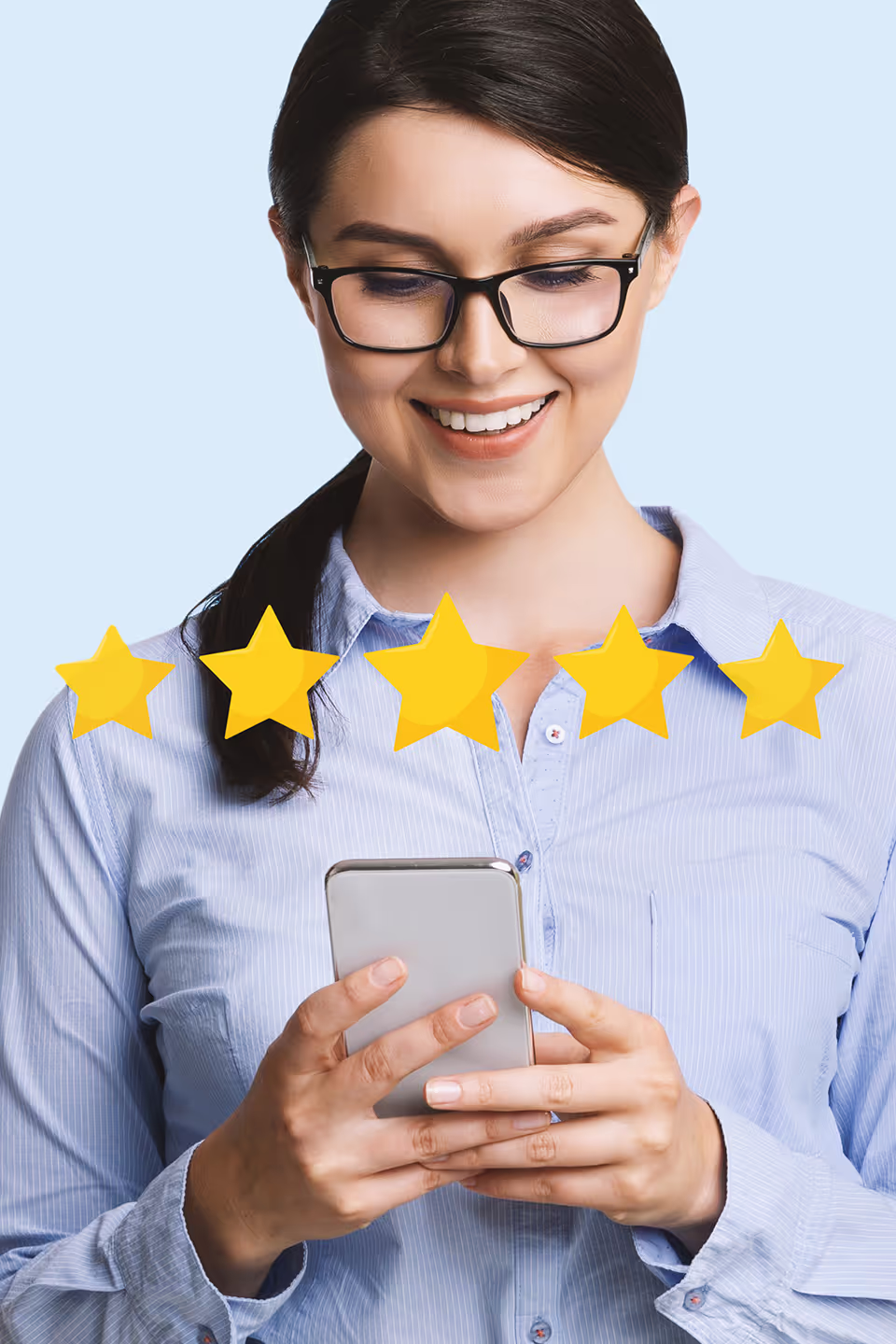 Photo of a woman leaving a five star review